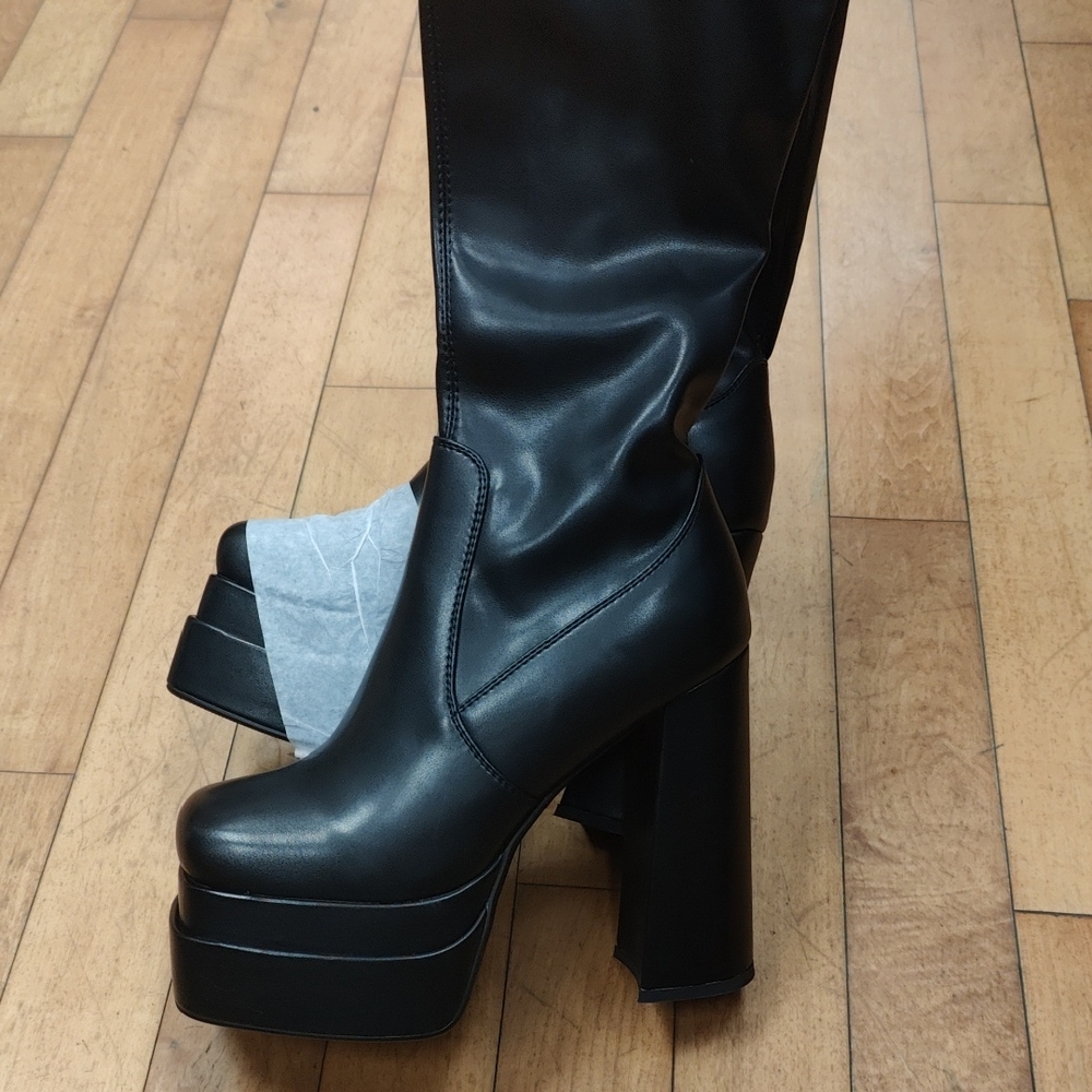 Black Over-The-Knee Platform Boots with Block Heel